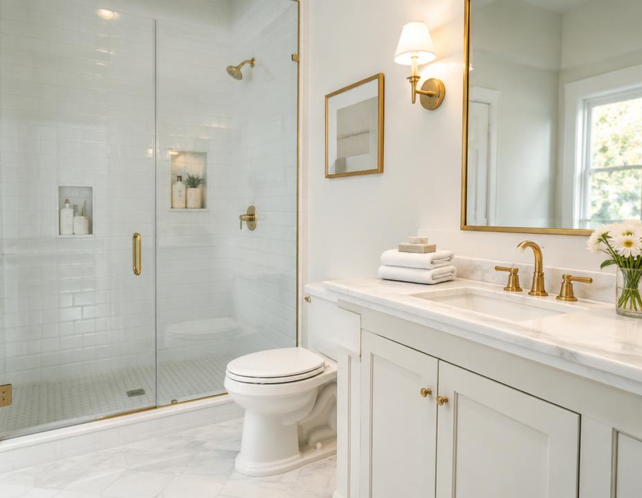 Salle de bain blanche étincelante avec robinetterie dorée