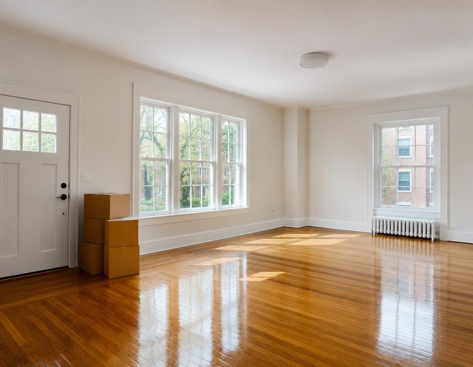 Appartement vide et lumineux aux planchers de bois franc reluisants